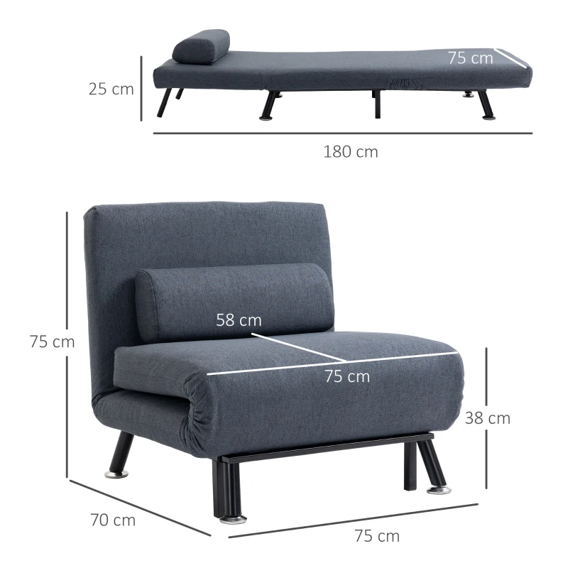 HOMCOM Single Sofa Chair Bed, Linen Fabric 3-in-1 Convertible Sleeper Chair with 5-Position Adjustable Backrest, 75cm Wide Seat, Pillow for Living Room, Bedroom, Black