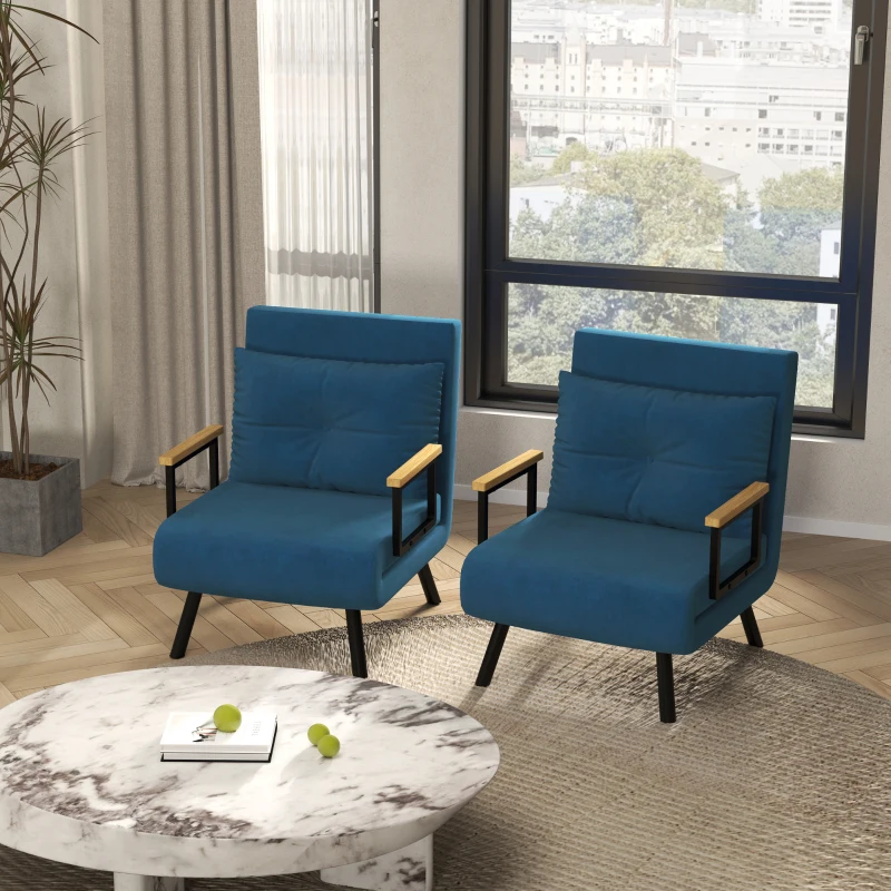 HOMCOM Pack de 2 Sofás Cama de 1 con Respaldo Ajustable de 5 Niveles y Almohadas Acolchadas 63x73x81 cm Azul