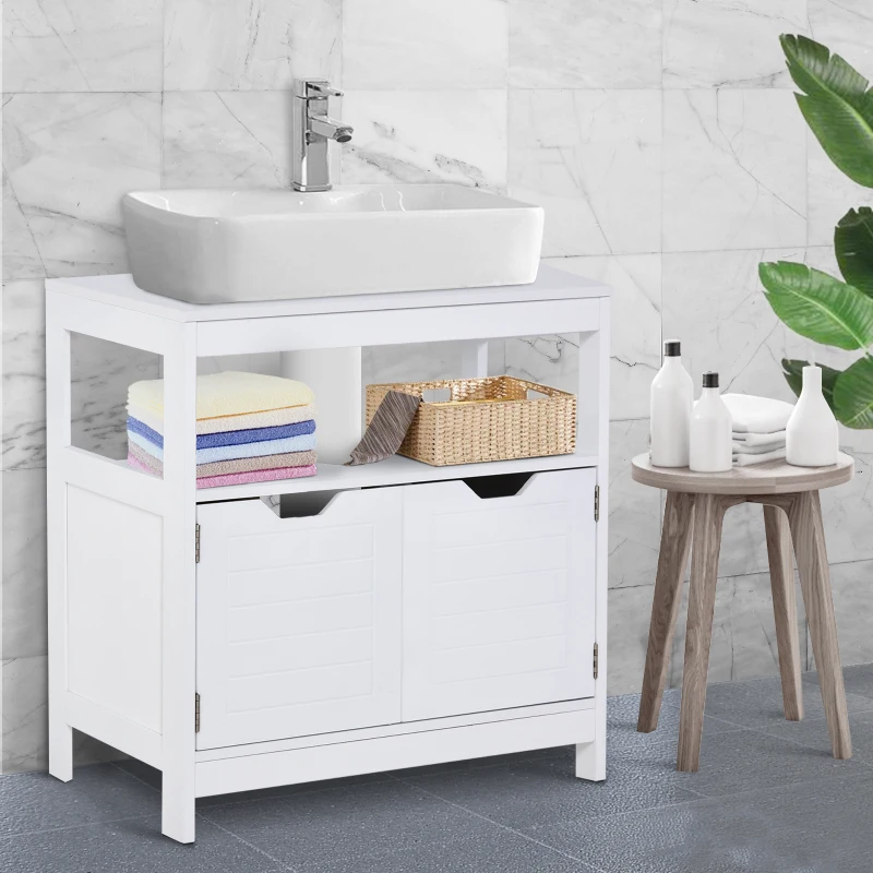 kleankin Armario para Debajo de Lavabo Gabinete de Baño con Estante 2 Puerta de Almacenamiento Dispositivo Antivuelco Resistente a la Humedad 60x30x60 cm Blanco