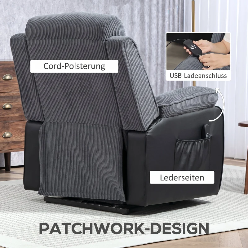 HOMCOM Sta-op-stoel met zachte corduroybekleding, verstelbare fauteuil met afstandsbediening en zijvakken, donkergrijs