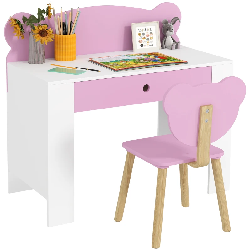 AIYAPLAY Schreibtisch-Set für Kinder, Arbeitstisch und Stuhl mit Bärenform, Schublade, zum Schreiben und Basteln, 3-8 Jahre, Rosa