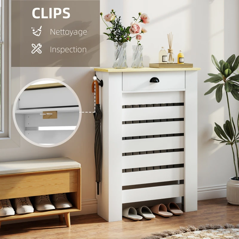 HOMCOM Couvercle de radiateur cache radiateur grille à lattes horizontales avec 2 tiroirs en bois 78l x 19P x 95,5H cm blanc