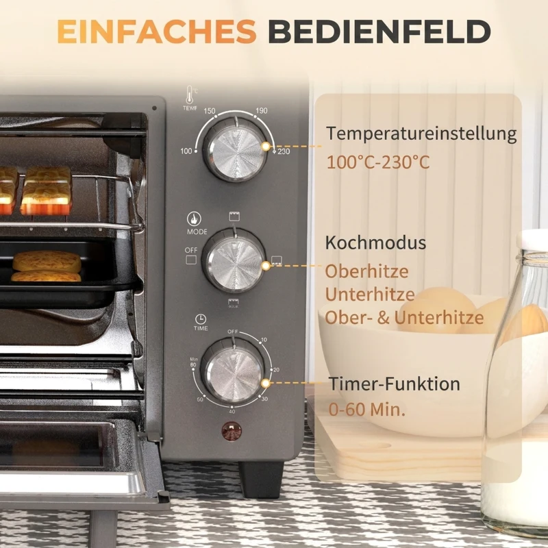 HOMCOM Minibakoven, 21 L Toasteroven met 1 draadrek en 1 bakplaat, 3 kookstanden, 100 °C-230 °C, roestvrij staal, glas, grijs(m-7)