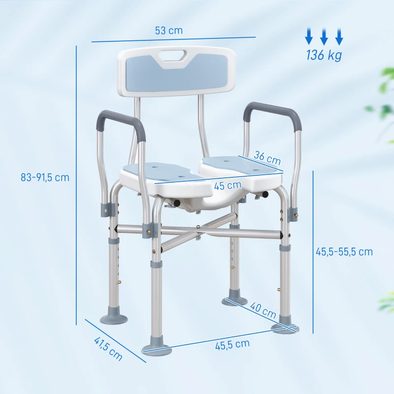 HOMCOM Tabouret de douche, tabouret de bain avec siège rembourrée en U amélioré et accoudoirs, hauteur réglable, bleu