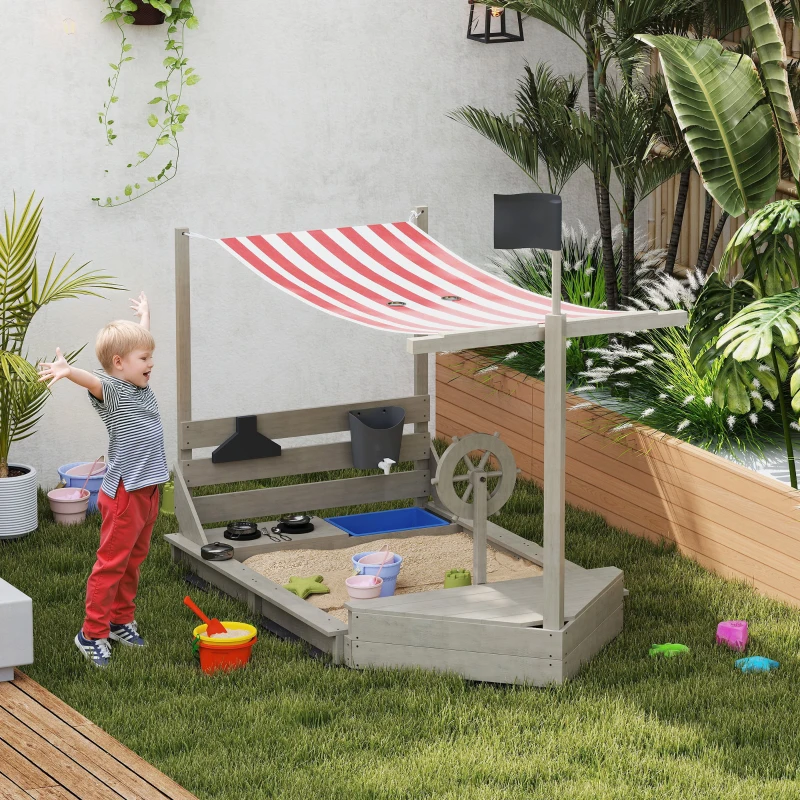Outsunny Sandkasten mit Sonnendach Piratenschiff, inkl. Kinderküchenspielset, Massivholz, 180 x 103 x 144,5 cm, Grau