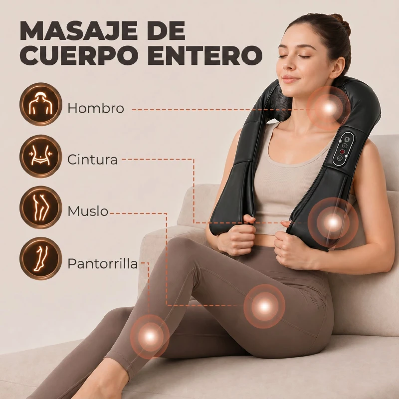 HOMCOM Masajeador Cervical y Espalda con Calor y 8 Nodos Shiatsu 3 Intensidades de Amasamiento 3D Negro