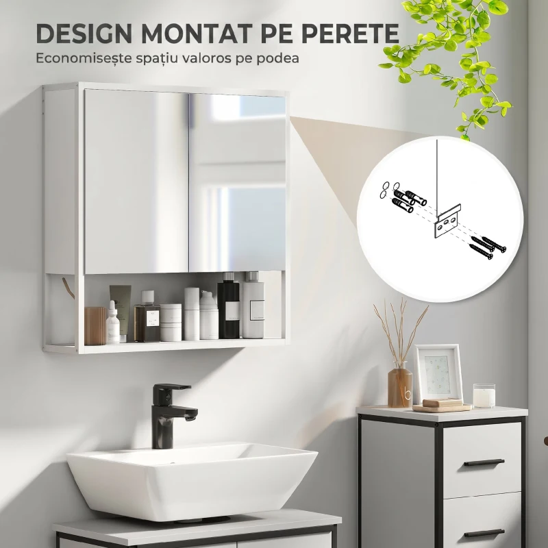 HOMCOM Dulap Baie Montat pe Perete cu Oglindă, Raft Reglabil și Raft Deschis, 60x16x60 cm, Alb