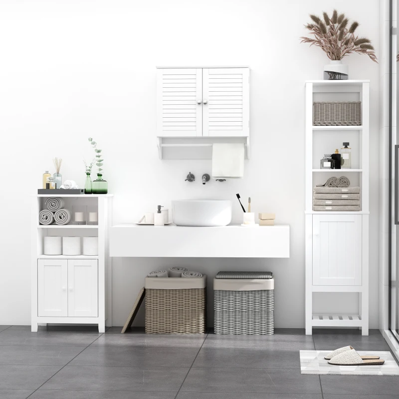kleankin Armario Baño de Pared con 2 Puertas de Persiana Estante Interior y Barra de Toallero Mueble Auxiliar Suspendido Moderno Multiusos para Cocina 60x23x60 cm Blanco