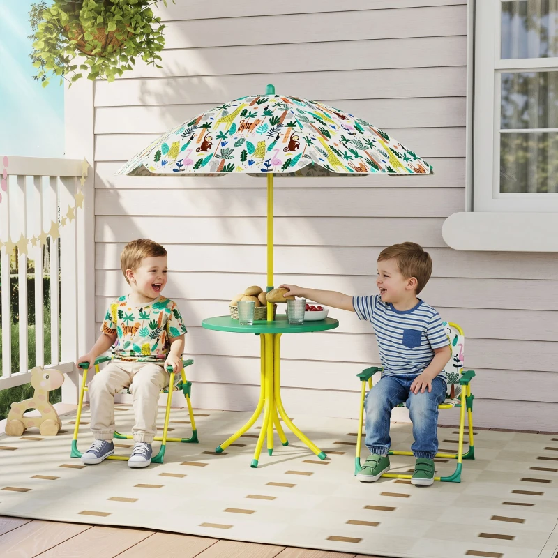AIYAPLAY Ensemble Salon de Jardin Extérieur Enfant avec 2 Chaises Pliantes et Parasol, Thème Jungle, pour Jardin, Terrasse, Vert