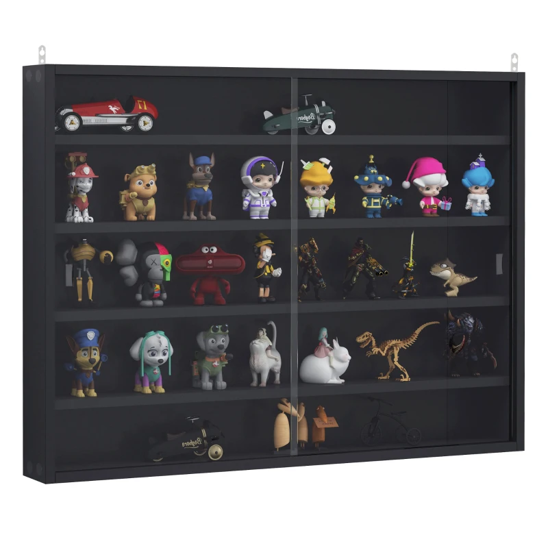 HOMCOM 5-Tier Wall Display Shelf Unit Cabinet w/ 4 Adjustable Shelves Glass Doors Home Office Ornaments 60x80cm Black