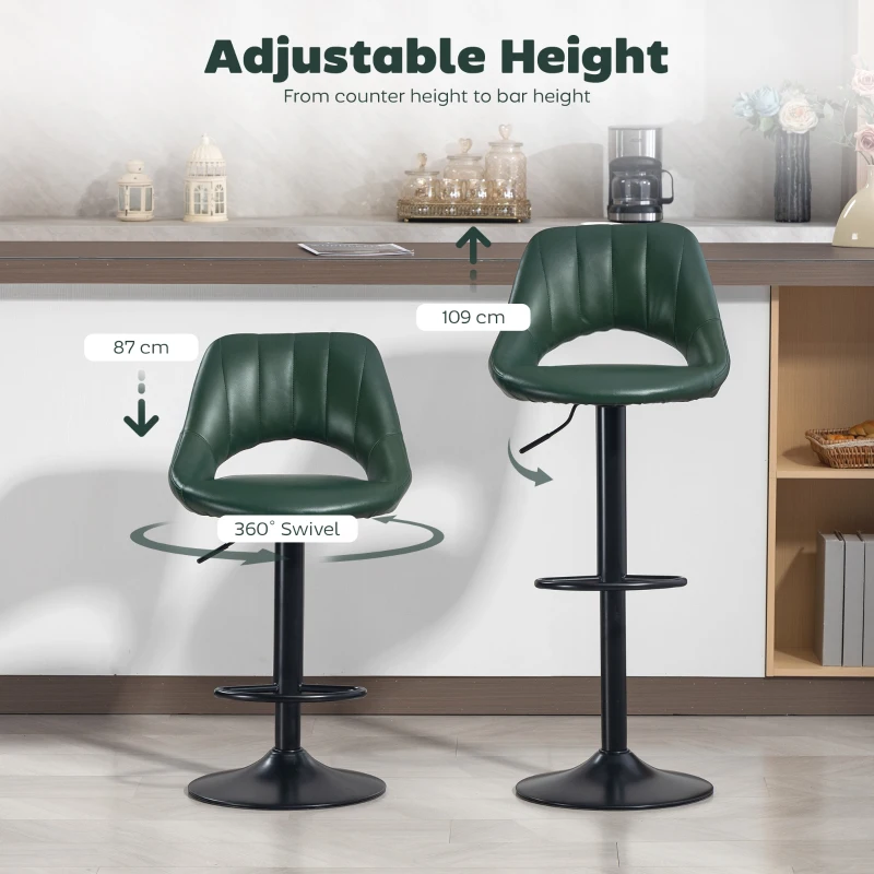 HOMCOM Set of Two Faux Leather Bar Stools - Dark Green