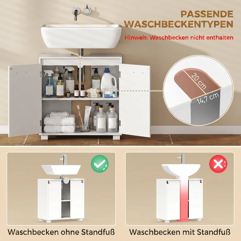HOMCOM Waschbeckenunterschrank, Modernes freistehendes Badmöbel mit U-förmiger Aussparung, verstellbarem Regal, Weiß