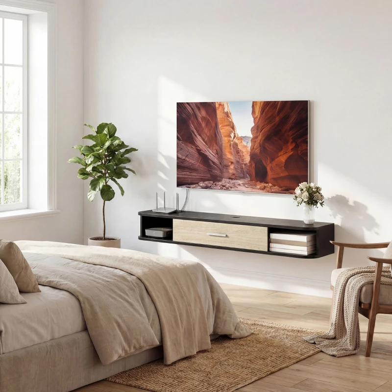 HOMCOM Meuble TV Suspendu 120 cm, Meuble télé jusqu'à 50 Pouces, Porte Rabattable, 2 Étagères Ouvertes et Passe-câbles, Noir