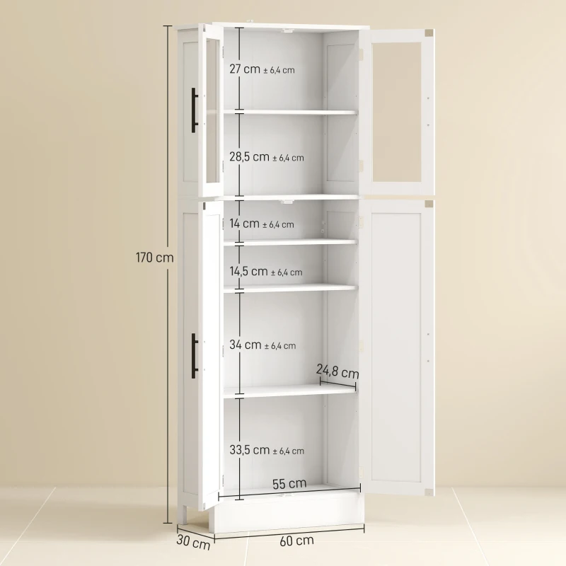 HOMCOM Meuble de salle de bain haut 6 niveaux, meuble de rangement avec 4 portes dont 2 vitrées et étagères réglables, blanc