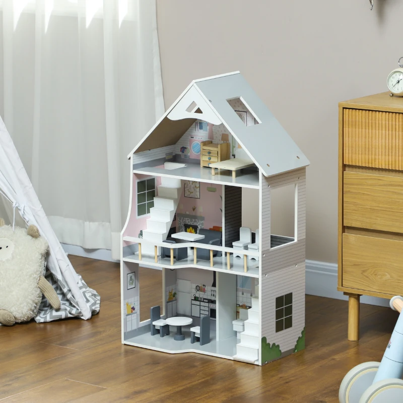 AIYAPLAY Puppenhaus aus Holz mit 13 Möbelstücken und Zubehör, 3-stöckiges Spielhaus für Kinder im Alter von 3-6 Jahren