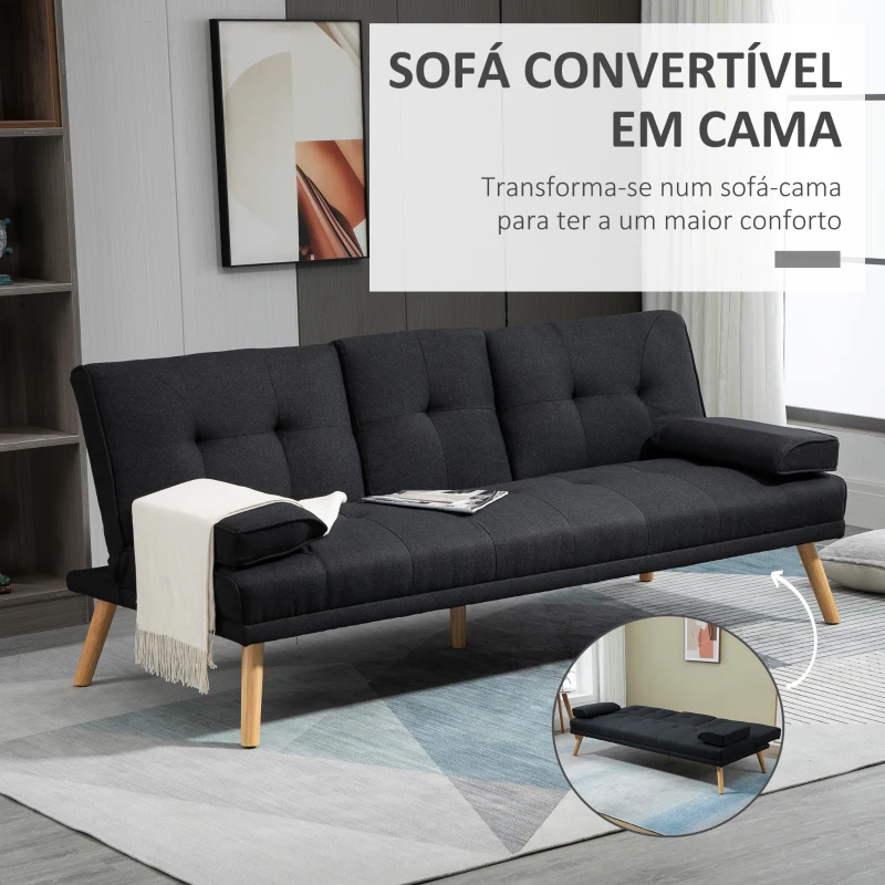 HOMCOM Sofá Cama 3 Lugares com Encosto Ajustável Apoio para os Braços Desmontável e 2 Suportes para Copos 181x77x78 cm Cinza