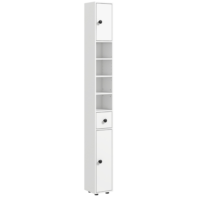 kleankin Colonne de rangement armoire haute pour salle de bain 1 tiroir 4 étagères réglables et 2 placards 20 x 20 x 180 cm blanc