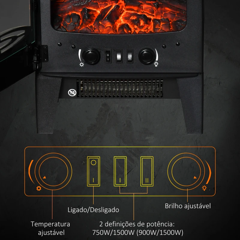 HOMCOM Lareira Elétrica 900W/1800W com Temperatura Ajustável e Proteção Sobreaquecimento para 20-25 ㎡ 39x26x54,8 cm Preto