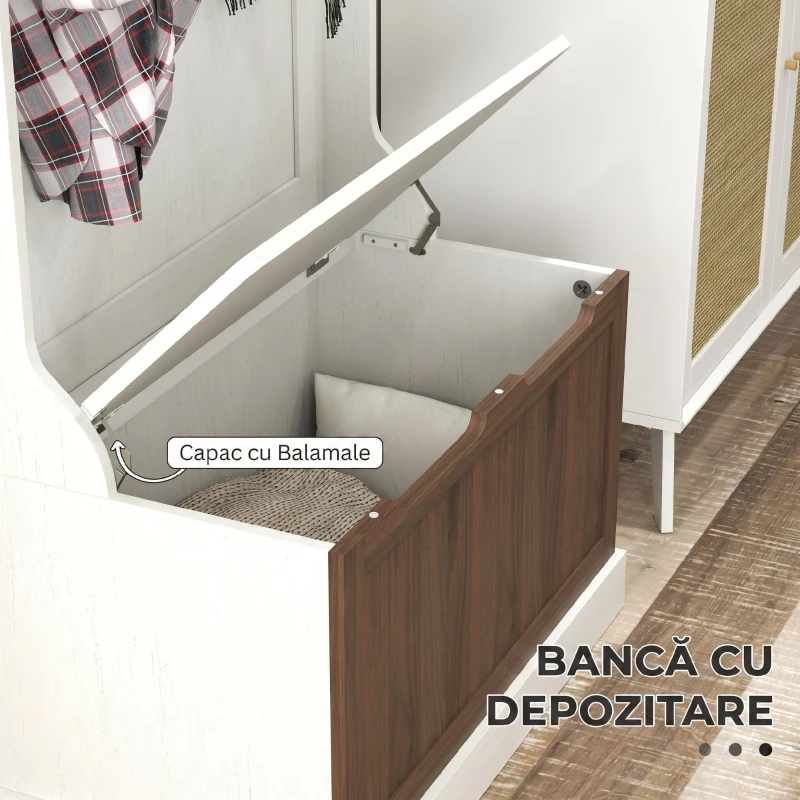 HOMCOM Dulap de Haine 3 în 1 cu 4 Cârlige și Bancă cu Spațiu de Depozitare, din Lemn, 71.5x39.5x170 cm, Alb(m-6)