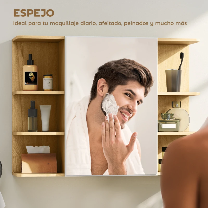 HOMCOM Armario de Baño de Pared con Espejo Puerta Estantes Abiertos 80x20x59 cm Natural