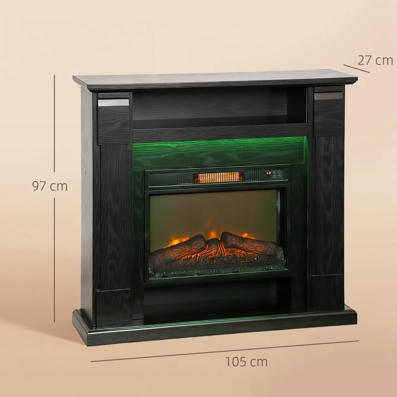 HOMCOM Camino Elettrico 1800W Regolabile con Fiamma 3D, Ripiano, Timer e Telecomando, 105x27x97 cm, Nero