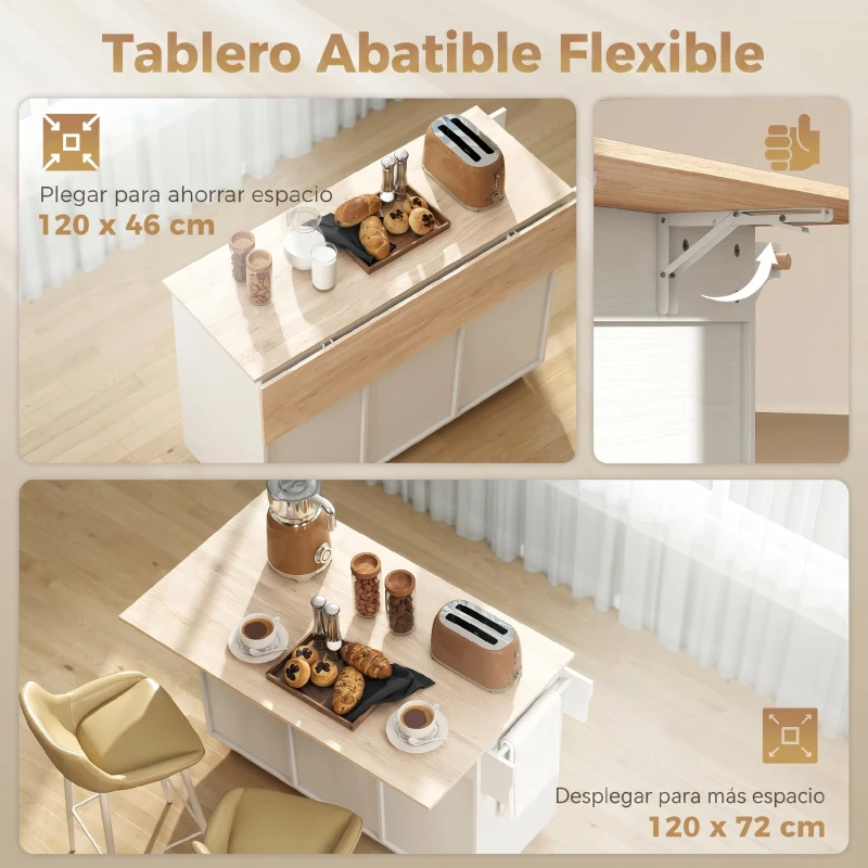 HOMCOM Isla de Cocina con Encimera Extensible Ruedas 2 Cajones 3 Armarios Estantes en la Puerta Toallero Blanco