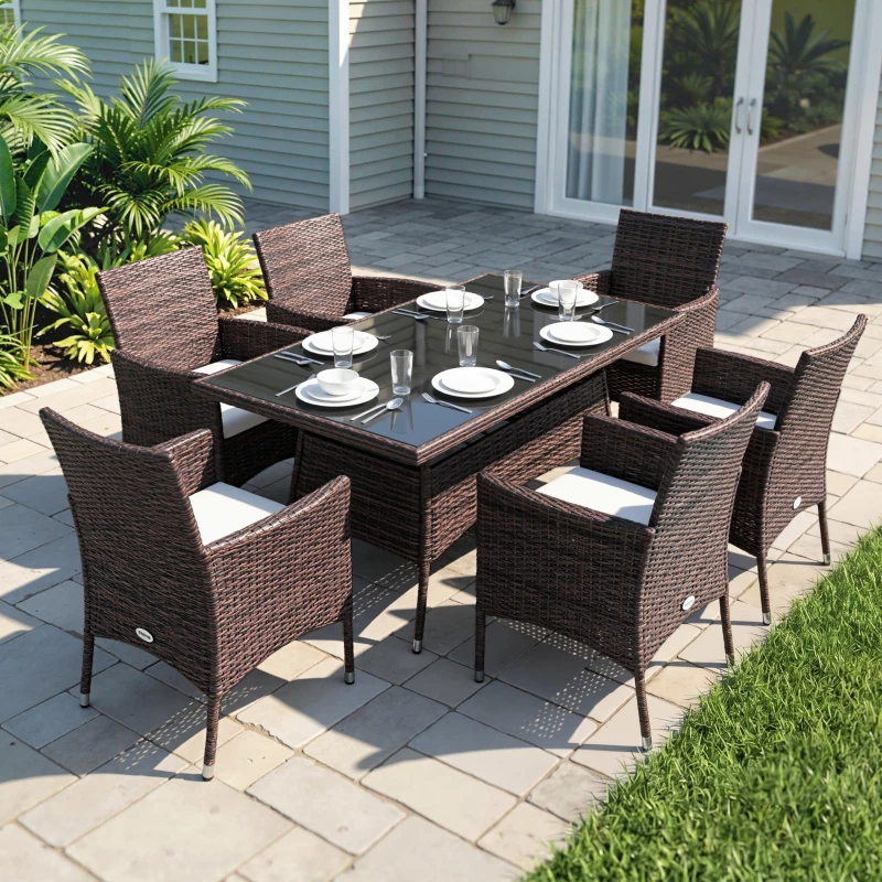 Outsunny 7 tlg. Polyrattan Gartenmöbel Rattan Gartenset Sitzgruppe Garnitur Essgruppe inkl. Kissen 6 Personen Braun+Creamweiß 150 x 80 x 74 cm
