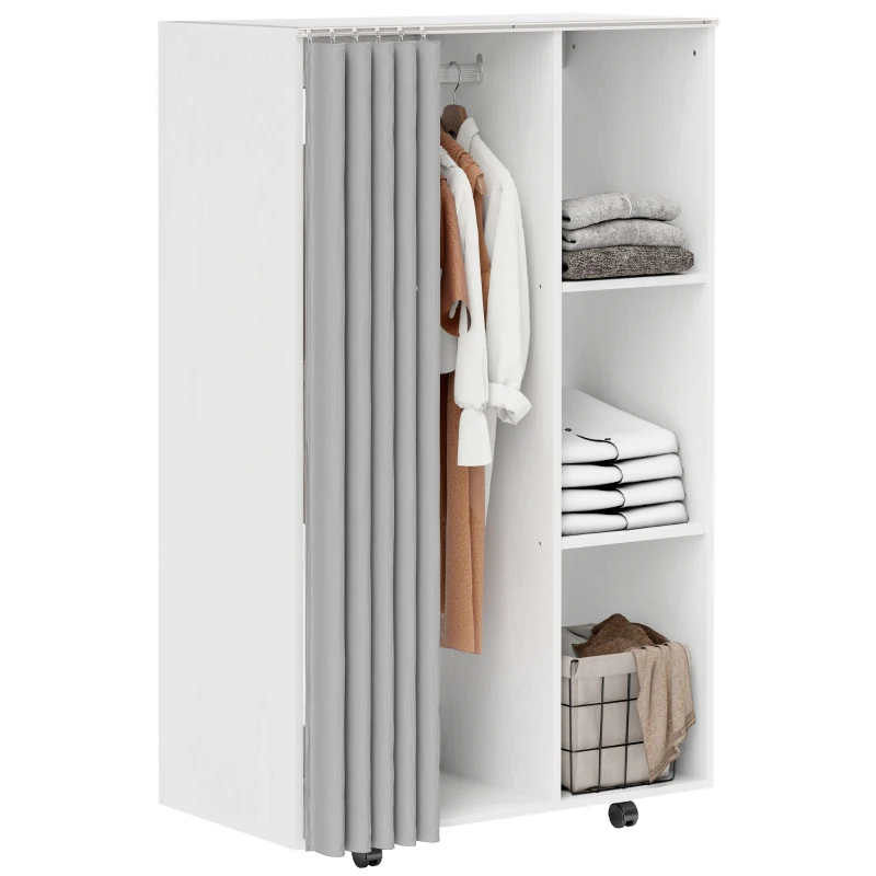HOMCOM Armoire penderie vêtement dressing mobile 4 roulettes avec tringle à vêtements et étagères ouvertes, blanc(m-12)