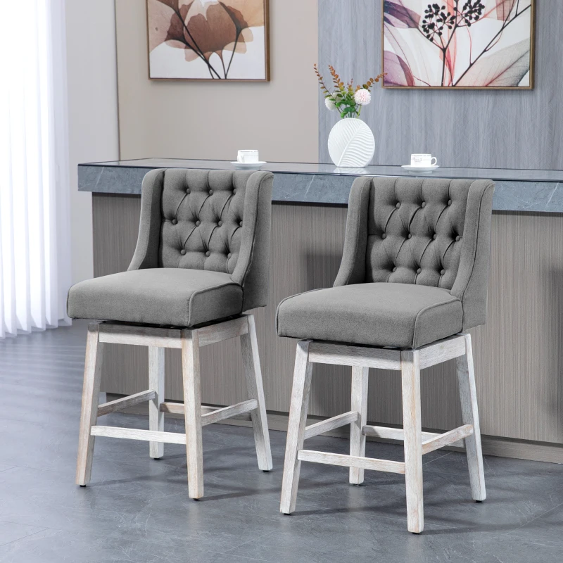 HOMCOM Juego de 2 Taburetes de Bar con Respaldo Taburetes Altos de Cocina Giratorios 180° Patas de Madera 46x57x101 cm Gris