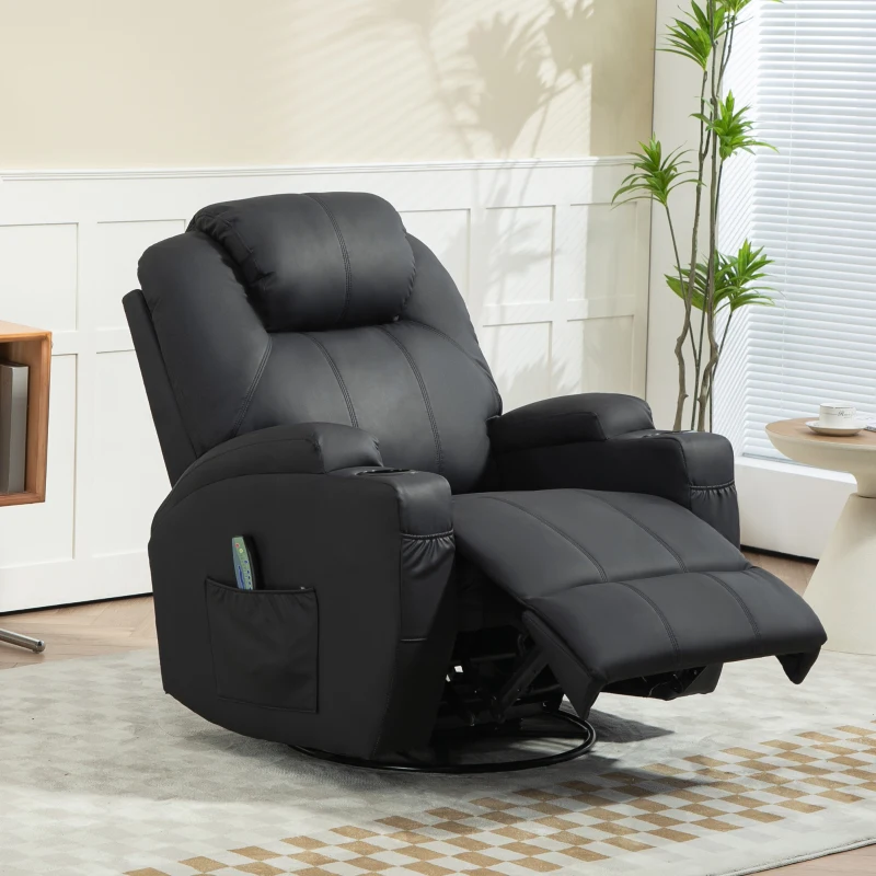 HOMCOM Relaxsessel mit Massagefunktion, neigbare Lehne, drehbar, bis 150 kg, Kunstleder, Schwarz(m-10)