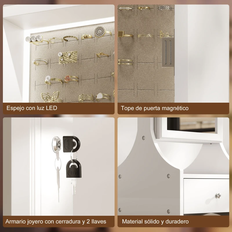 HOMCOM Espejo Joyero con Luces LED Armario Joyas con Espejo Entero de Ángulo Ajustable Cajones Mesa Interior Plegable Blanco