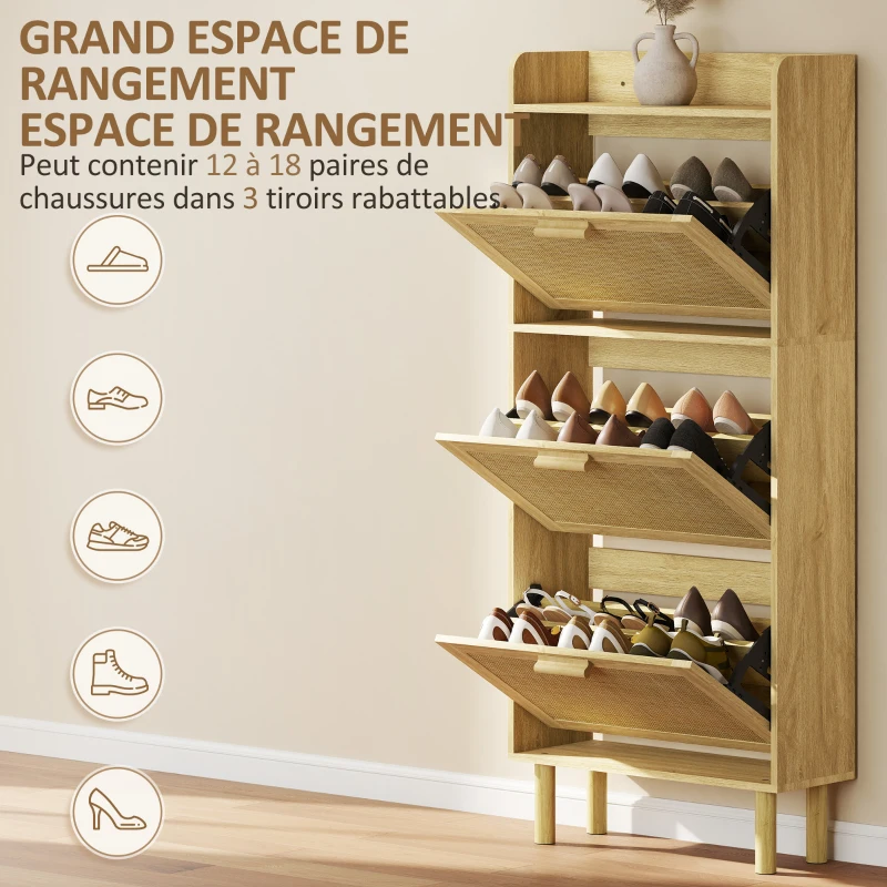 HOMCOM Meuble à chaussures 18 paires, armoire à chaussures étroite avec 3 tiroirs rabattables, étagères réglables, chêne