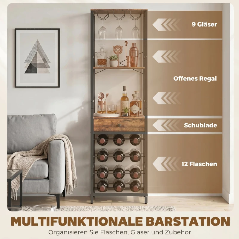 HOMCOM Weinbar-Schrank mit Schublade, Industrieller Barschrank, Weinregal für 12 Flaschen, Glashalter, Rustikal Braun
