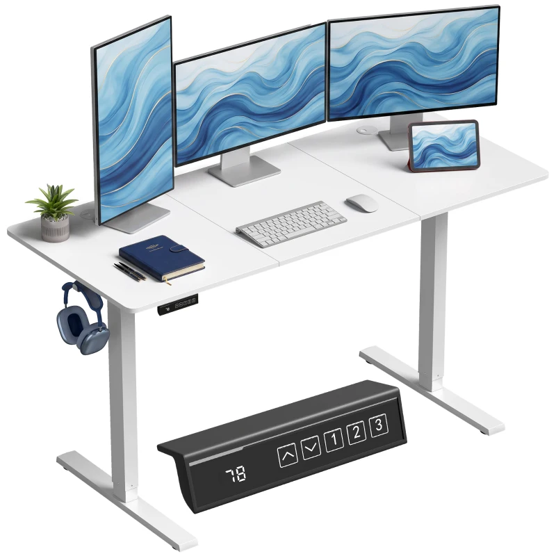 HOMCOM Höhenverstellbarer Schreibtisch mit Memory-Funktion, 2 Kabeldurchlässen und LED-Display, Sitz-Steh-Schreibtisch, Weiß