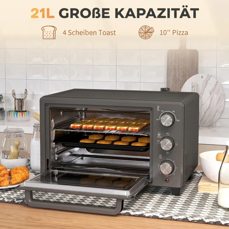 HOMCOM Minibakoven, 21 L Toasteroven met 1 draadrek en 1 bakplaat, 3 kookstanden, 100 °C-230 °C, roestvrij staal, glas, grijs(m-4)