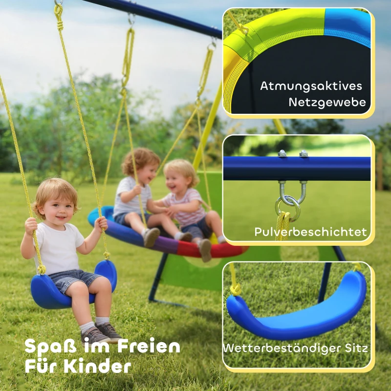 AIYAPLAY Schaukelgestell 4-in-1 Schaukel-Set bis 150 kg mit Nestschaukel Basketballkorb Fußballtor U-Schaukel 288 x 160 x 220 cm