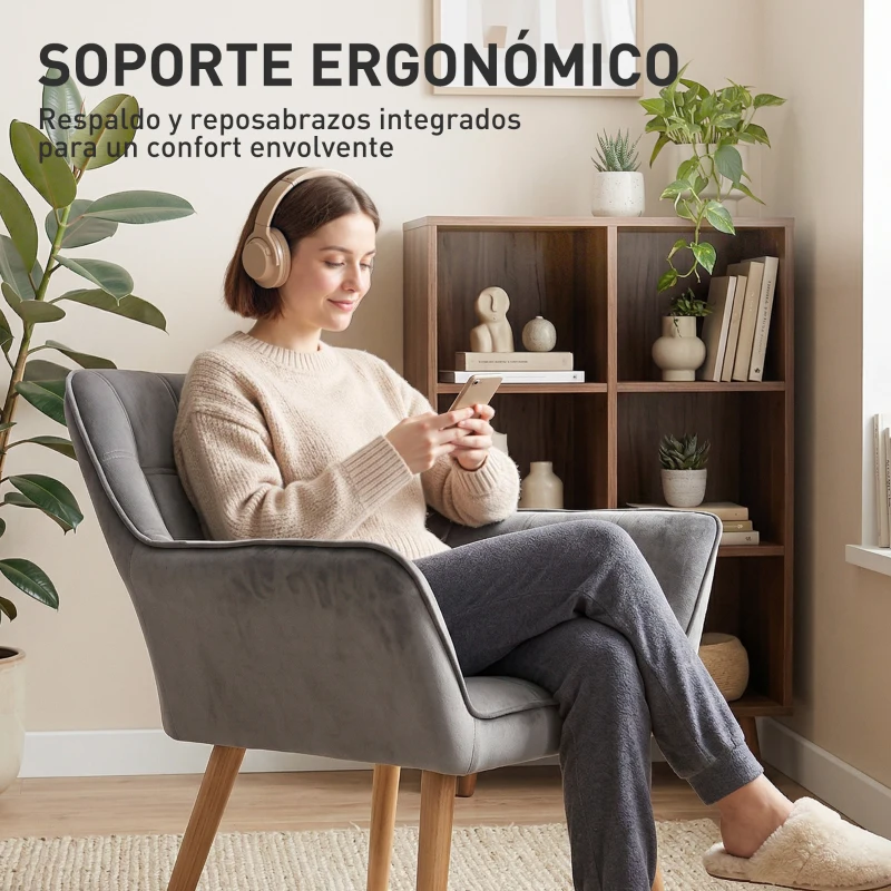 HOMCOM Butaca de Salón Moderna Tapizado en Terciopelo con Patas de Madera Sillón Relax para Sala de Estar Gris