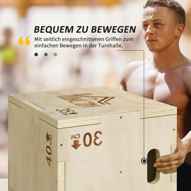 HOMCOM 3-in-1 Plyo Box Holz Plyometrische Sprungbox mit 3 Sprunghöhen Griffen 40,5 x 35,5 x 30,5cm Naturholz