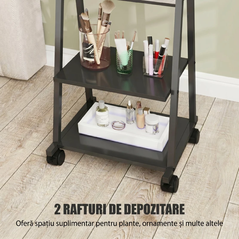 HOMCOM Oglindă Verticală de Podea cu 2 Rafturi și 4 Roți, din Oțel și Lemn, 42x37x155 cm, Negru