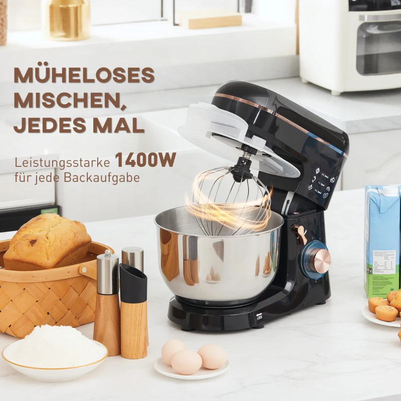 HOMCOM Blender, keukenmachine, roerapparaat, 6 standen, 5,5L roestvrijstalen kom, zwart