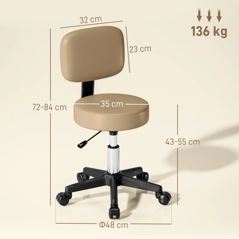 HOMCOM Rollkruk met rugleuning, verstelbare hoogte (72-84 cm), 360° draaibaar, lichtbruin