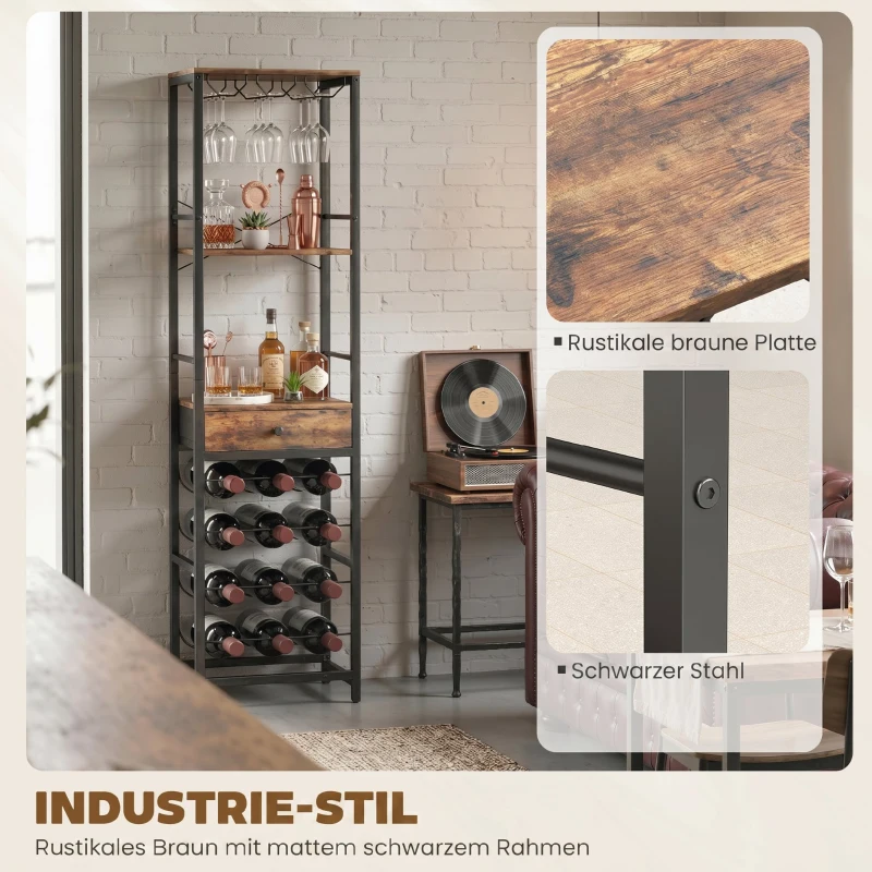 HOMCOM Weinbar-Schrank mit Schublade, Industrieller Barschrank, Weinregal für 12 Flaschen, Glashalter, Rustikal Braun