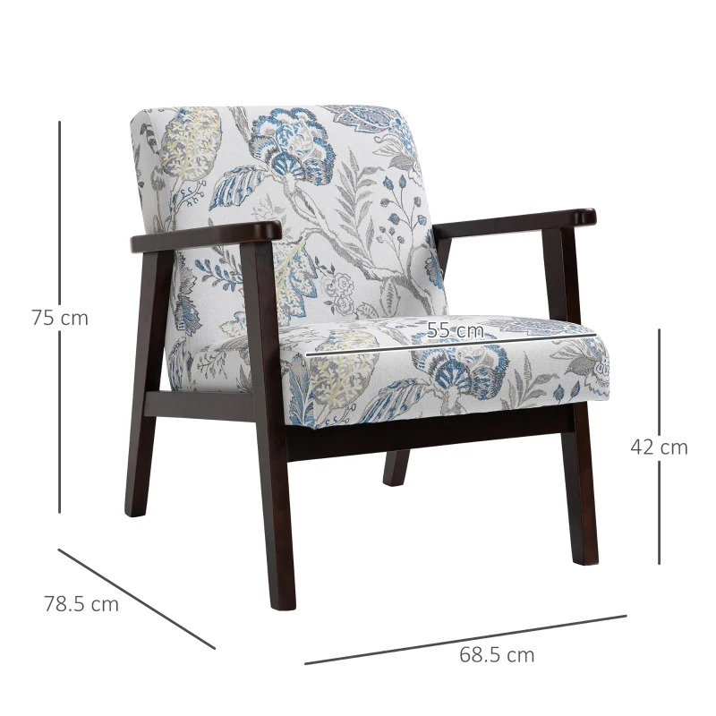 HOMCOM Sedia per Soggiorno Poltroncina Imbottita con Braccioli in Legno e Tessuto Traspirante per Casa e Ufficio, a Fiori, 68.5x78.5x75cm