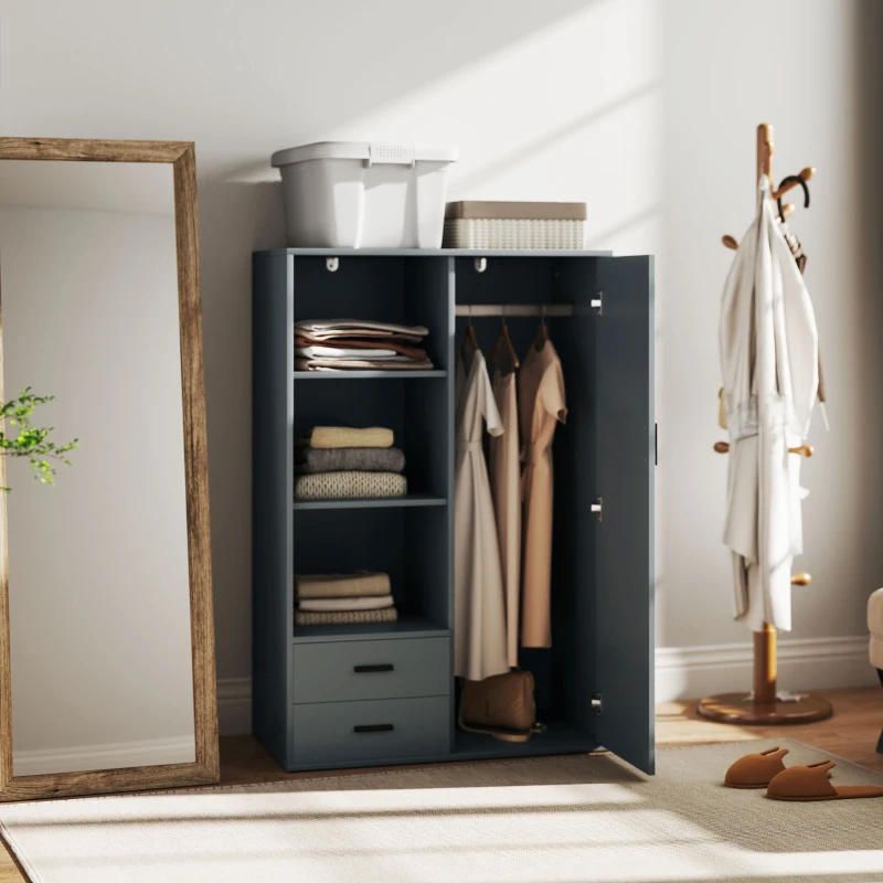 HOMCOM Armadio Moderno con 2 Cassetti, Ripiani Aperti e Vano Appendiabiti, 80x50x124 cm, Grigio Scuro