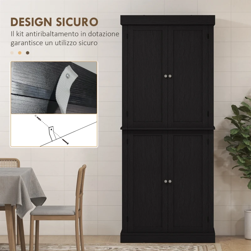 HOMCOM Mobile Cucina Alto con 6 Ripiani Regolabili e 4 Ante in Legno, 76x40.5x184 cm, Nero