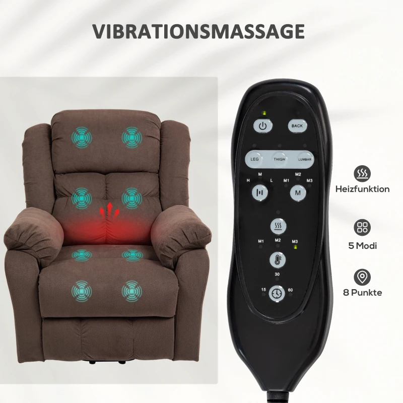 HOMCOM Opsta-hulpstoel met massagefunctie en lendenverwarming, relaxfauteuil met afstandsbedieningen en zijzakken, donkerbruin