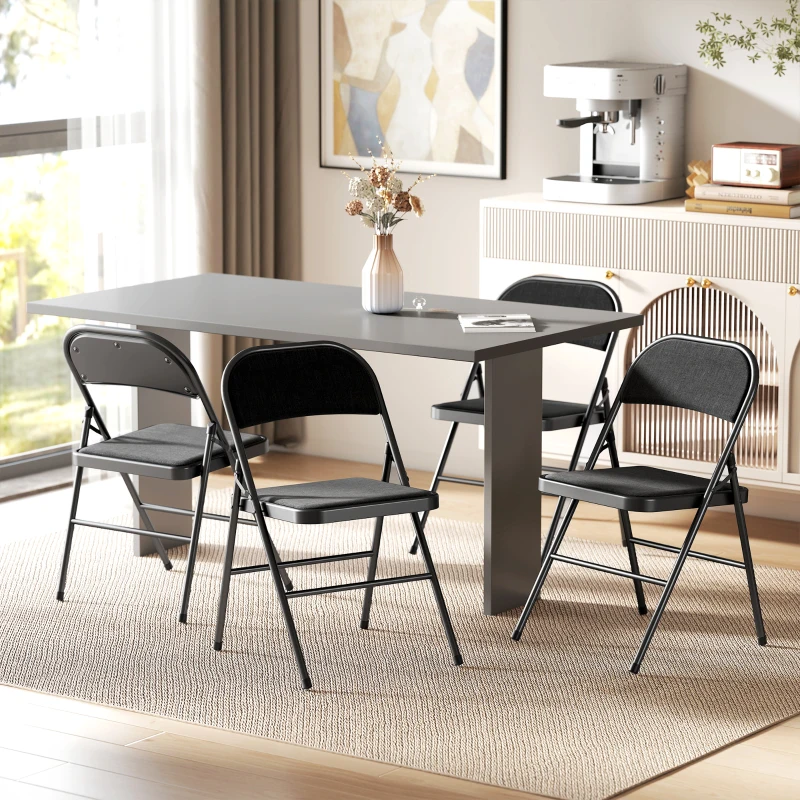 HOMCOM 4er-Set Klappstühle, Tragbare Bürostühle, Metallbeine, Faltstuhl für Büro, Empfang, Wartezimmer, Leinenoptik, Schwarz