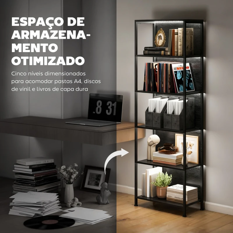 HOMCOM Estante de 5 Níveis com Luzes LED de 7 Cores Estante para Livros Estante de Estilo Industrial 60x30x179 cm Preto