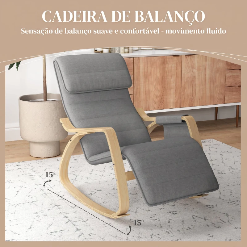 HOMCOM Cadeira de Baloiço com Apoio para os Pés Ajustável em 5 Posições, Bolso Lateral, Apoios de Braços em Madeira e Apoio de Cabeça, Cinzento