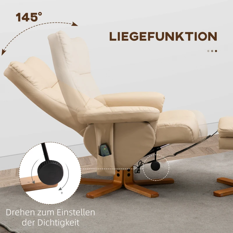 HOMCOM massagestoel met ottoman relaxstoel TV-stoel TV-stoel 145 ° helling kunstleer crèmewit 80 x 86 x 99 cm